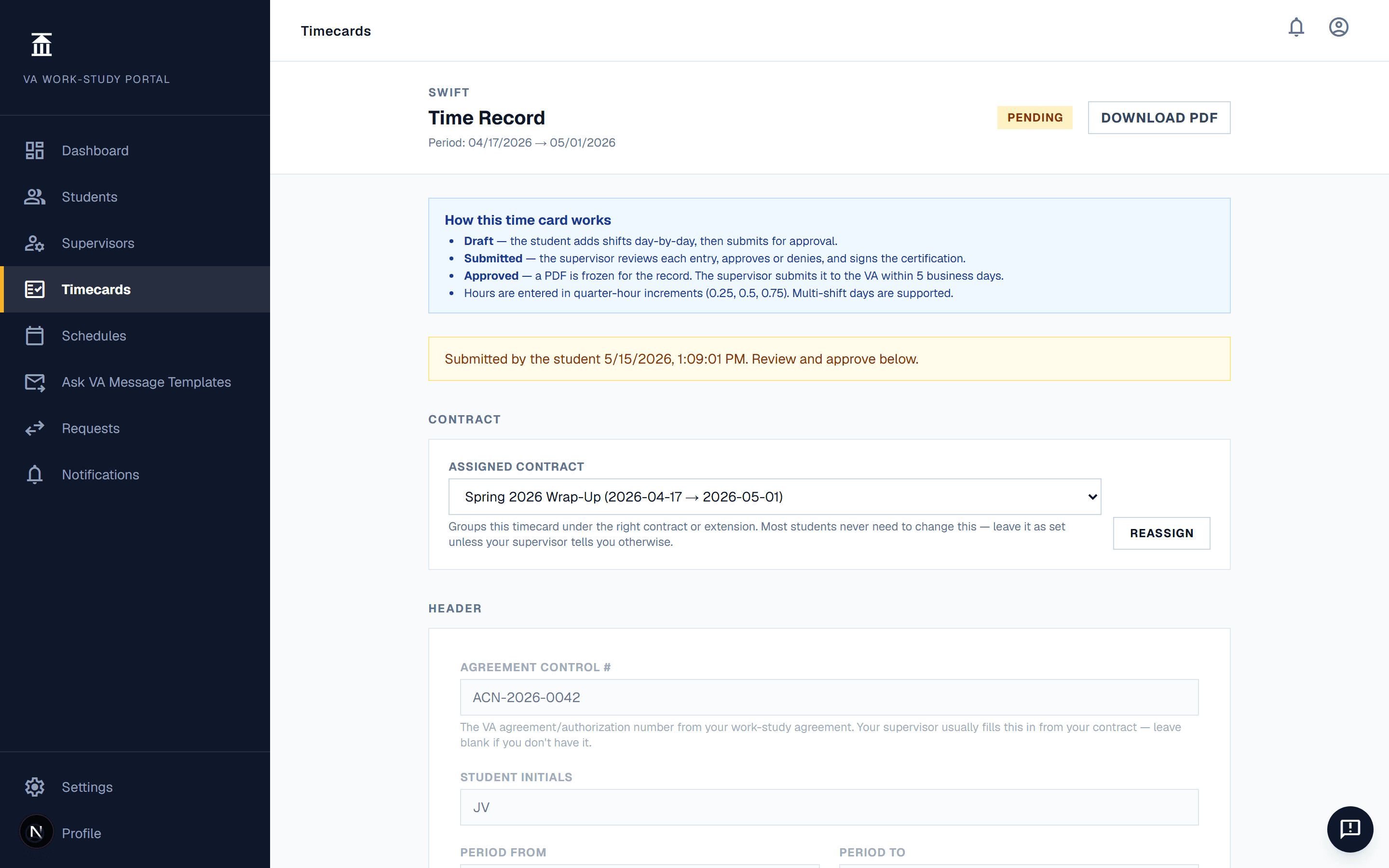 Time record review — SWIFT screen